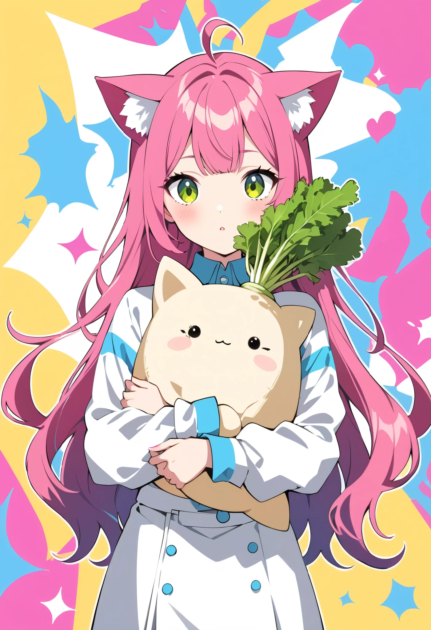 pop art, vivid passion color style, daikon mix, a cat-eared girl, solo, holding a daikon stuffed toy, a strange look, she has a crush on you.