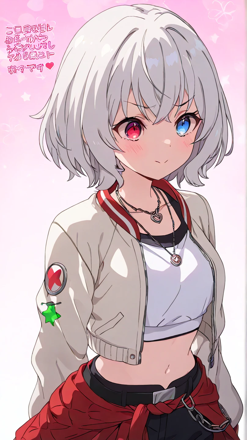 1girl, short hair, silver hair, solo focus, Highress, 2k, best quality, face details. 
Eyes:
heterochromatic, left eyes is blue, right eyes is red.
Clothing Description:

Top: Wearing a white crop top with black straps, layered with black mesh covering the neckline.

Outerwear: An oversized white bomber jacket with red and black accents on the inside. The red lining features a quilted pattern, adding a stylish detail.

Additional Accessories: A necklace with a triangular pendant and chain straps hanging from the belt.

Bottom: Black shorts with red accents, featuring metallic chains and straps wrapping around the waist. Buckles and straps add a utilitarian touch.

Background:
A pastel pink background with heart and star patterns, creating a sweet and cheerful atmosphere. There’s also a , half body details, face focus details. More Fariative expression, very sweetie, cute, kawaii. No text, solo girls. Nian name character. 