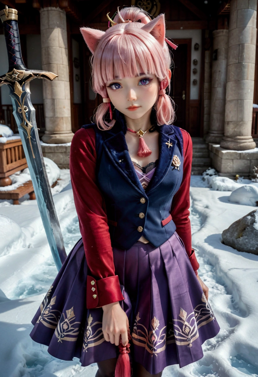  extreme details , Flawless, aerial view, Like a work of art , Girl with cat ears from anime holding an ice and snow sword,  Pink hair and long purple skirt complement each other., looking at the distant Ayaka Genshin, Taking us into the world of Genshin.