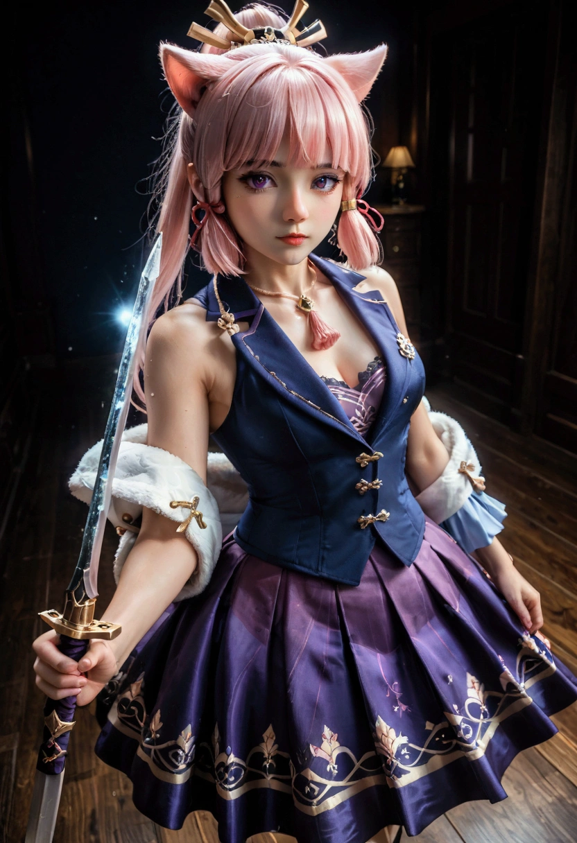  extreme details , Flawless, aerial view, Like a work of art , Girl with cat ears from anime holding an ice and snow sword,  Pink hair and long purple skirt complement each other., looking at the distant Ayaka Genshin, Taking us into the world of Genshin.