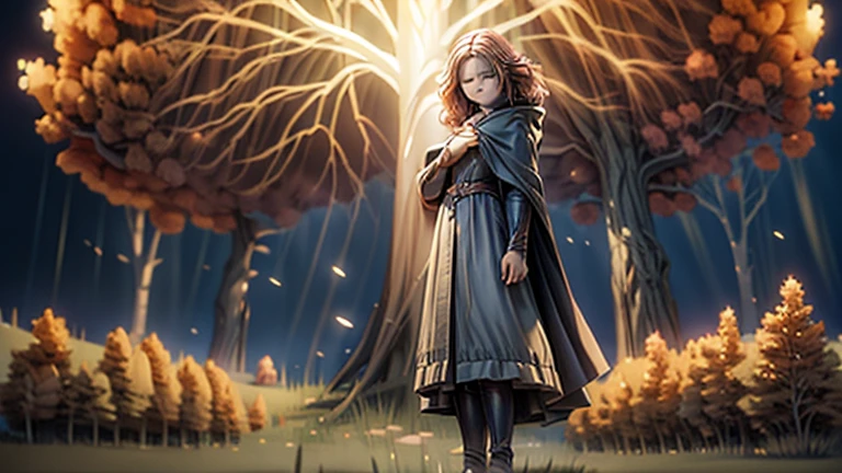 best quality, masterpiece, melina \(elden ring\),1 girl, solo, brown hair, curly hair, black cloak with hood,orange eyes,tunic,belt,boots,She has a knife, she's coming at the camera, great dynamic,full body, ashes and sparks in the air, (closed left eyes:1.2),(Scar on left eyes:1.2), 8k, high resolution, ultra detailed, professional digital painting, epic cinematic lighting, trending on artstation, 4k, hyperrealism, focused, extreme details, unreal engine 5, cinematic, masterpiece,There is a large golden glowing tree that seems to reach out into the universe, There are huge, golden trees that seem to stretch out into the universe, huge trees are huge horizontally and the size of swallowing stars,