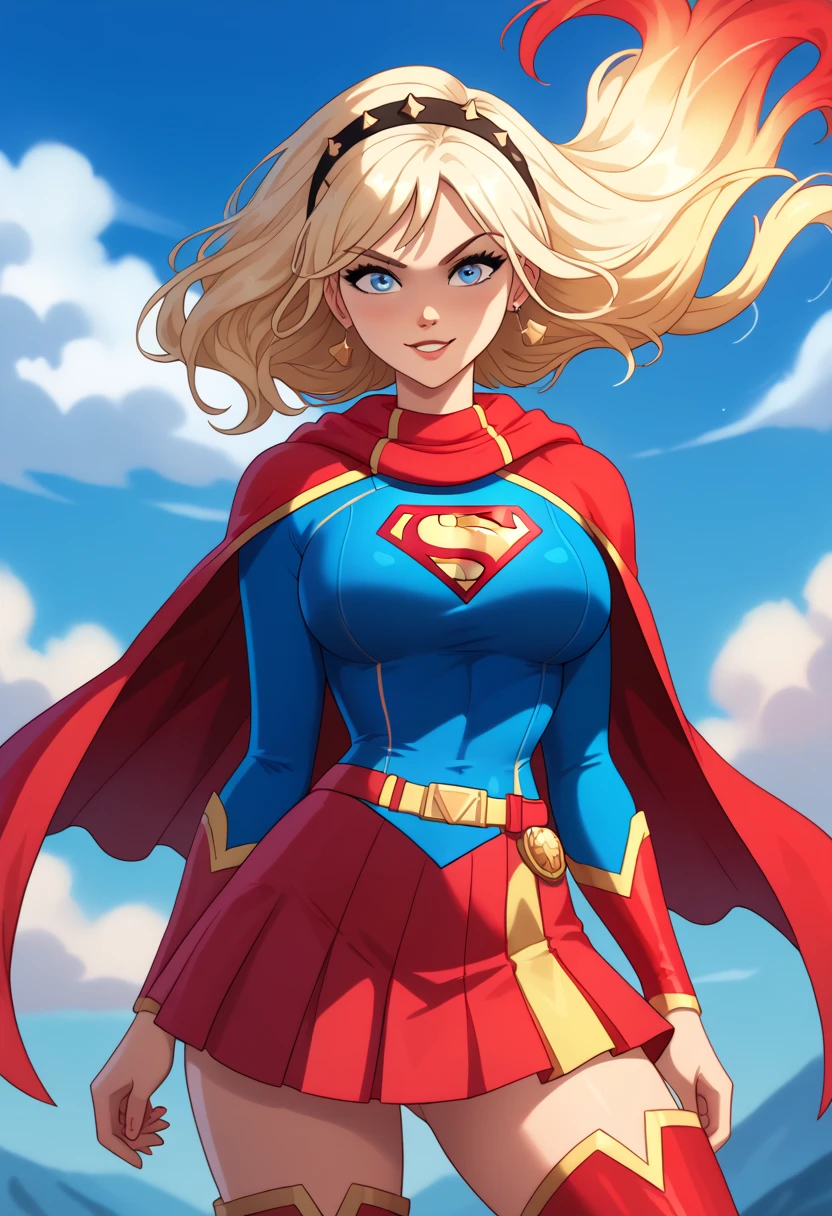 Cayna, with her powerful yet whimsical personality, looks both regal and heroic in the classic Supergirl costume. Her short blond hair flows gracefully down her back, standing out against the vibrant blue top with the iconic red and yellow 'S' emblem emblazoned on her chest. A flowing red cape trails behind her, adding a sense of grandeur and movement to her already imposing presence. The outfit is completed with a red skirt and matching knee-high boots, enhancing her strong and agile figure honed through her magical abilities.
Cayna’s confident yet playful expression, combined with the heroic aura of Supergirl, reflects her status as a powerful mage in the virtual world of Leadale. Her blend of power and warmth makes her a fitting embodiment of Supergirl, radiating both strength and compassion, ready to protect and inspire those around her.