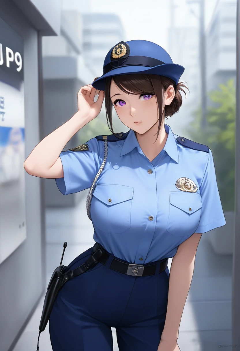 best quality,masterpiece,large breasts,purple eyes,dark brown hair,light blue shirt,blue pants,1girl,police hat,,breast pocket,swept bangs,mature