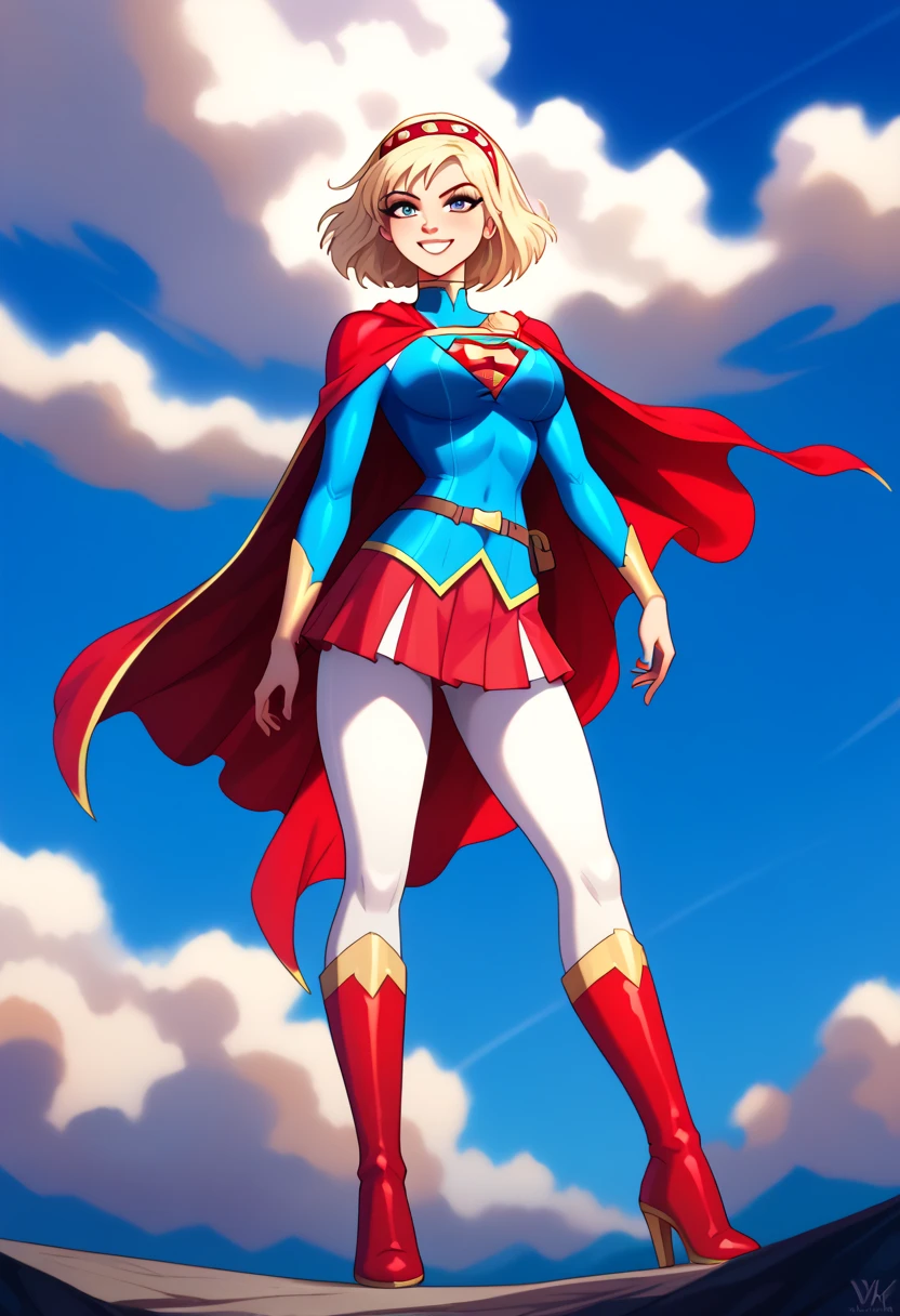 Cayna, with her powerful yet whimsical personality, looks both regal and heroic in the classic Supergirl costume. Her short blond hair flows gracefully down her back, standing out against the vibrant blue top with the iconic red and yellow 'S' emblem emblazoned on her chest. A flowing red cape trails behind her, adding a sense of grandeur and movement to her already imposing presence. The outfit is completed with a red skirt and matching knee-high boots, enhancing her strong and agile figure honed through her magical abilities.
Cayna’s confident yet playful expression, combined with the heroic aura of Supergirl, reflects her status as a powerful mage in the virtual world of Leadale. Her blend of power and warmth makes her a fitting embodiment of Supergirl, radiating both strength and compassion, ready to protect and inspire those around her.