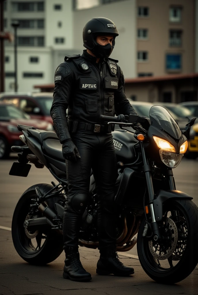 A full-body image of a muscular adult male dressed in police tactical gear, PTU-style, wearing a black leather full-body suit, mask, and tactical boots. The sleek leather outfit provides full coverage, exuding a dark and intense atmosphere. The scene is illuminated by low light, casting dramatic shadows that enhance the mysterious and powerful presence. He stands beside a heavy-duty police motorcycle, ready for action. The composition emphasizes his commanding stance and the tactical precision of his gear,Future City Technology,blending a sleek, futuristic aesthetic with a gritty, law enforcement vibe.Cyberpunk City Streets

