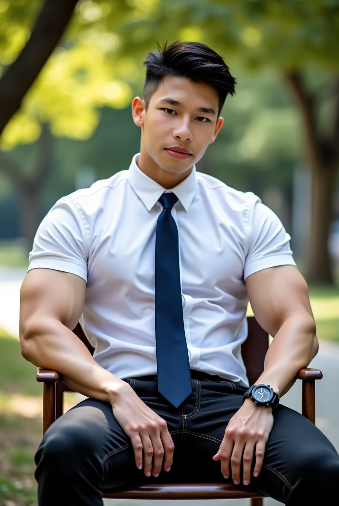 Masterpiece, best quality, High quality, วอลล์เปเปอร์ CG unity 8k ที่มีvery detailed, depth of field, HDR,,photorealistic,very detailed, 1 man sitting on a chair, Asia, black short hair, , (Thai , white shirt), blue cargo shorts, chest muscles, Big arm muscles, blood vessel, big muscles, Broad shoulders, looking at the audience, Balancing the eyes, (Make eye contact) (outside the building:1.3)