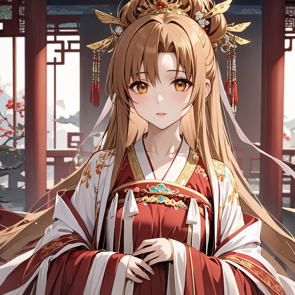 (( top quality )), ((masterpiece)), ( Details), （perfect face）、Yuki Asuna, who has bright brown hair, wears the red Hanfu of the ancient Chinese empress with gorgeous and enchanting golden embroidery and edging, and wears the luxurious accessories of the ancient Chinese empress