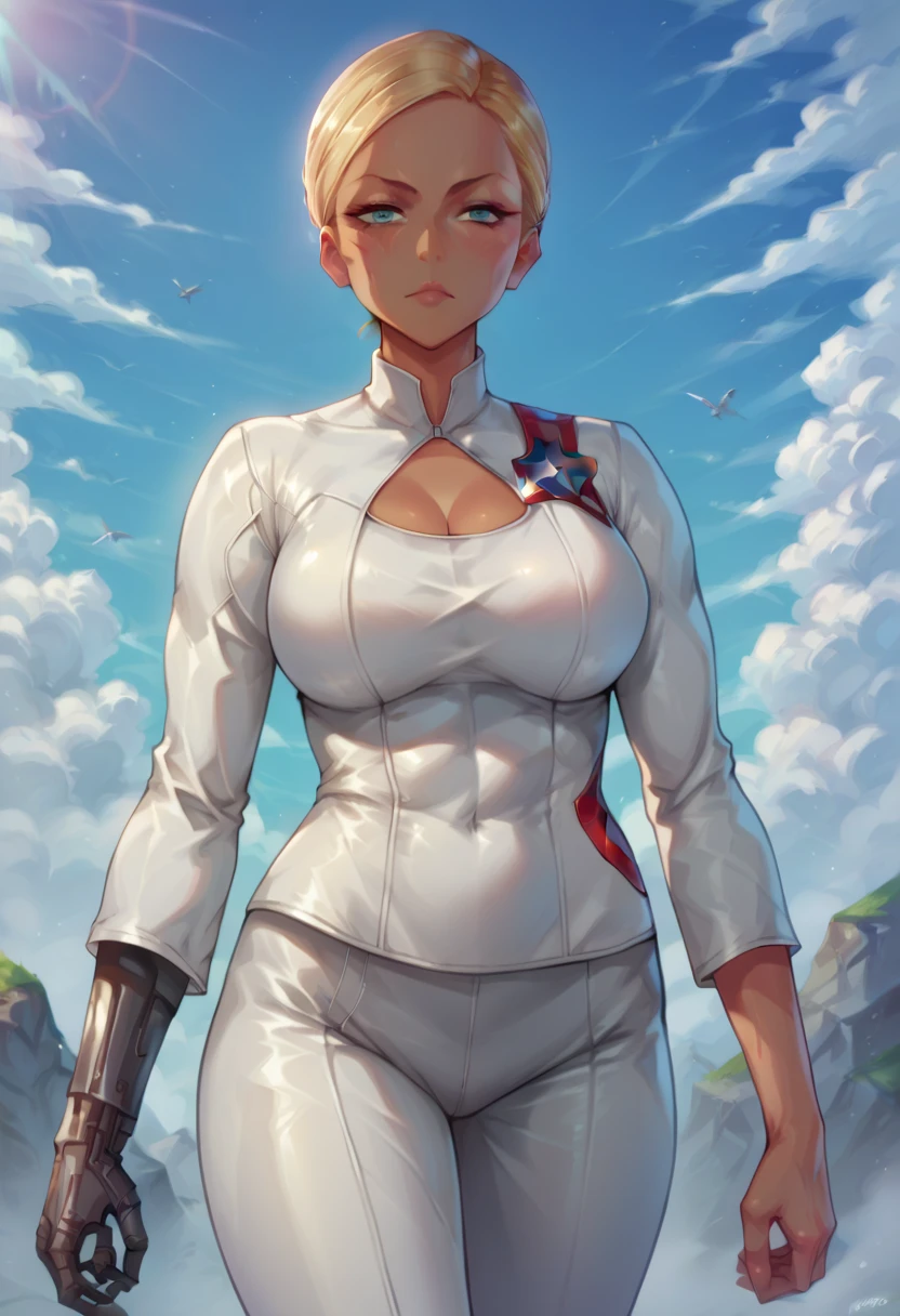  anime girl image,       Voluptuous android woman in superhero uniform,   Captain America in white latex and tights   ,    short blonde hair and brown skin     , robotic parts ,