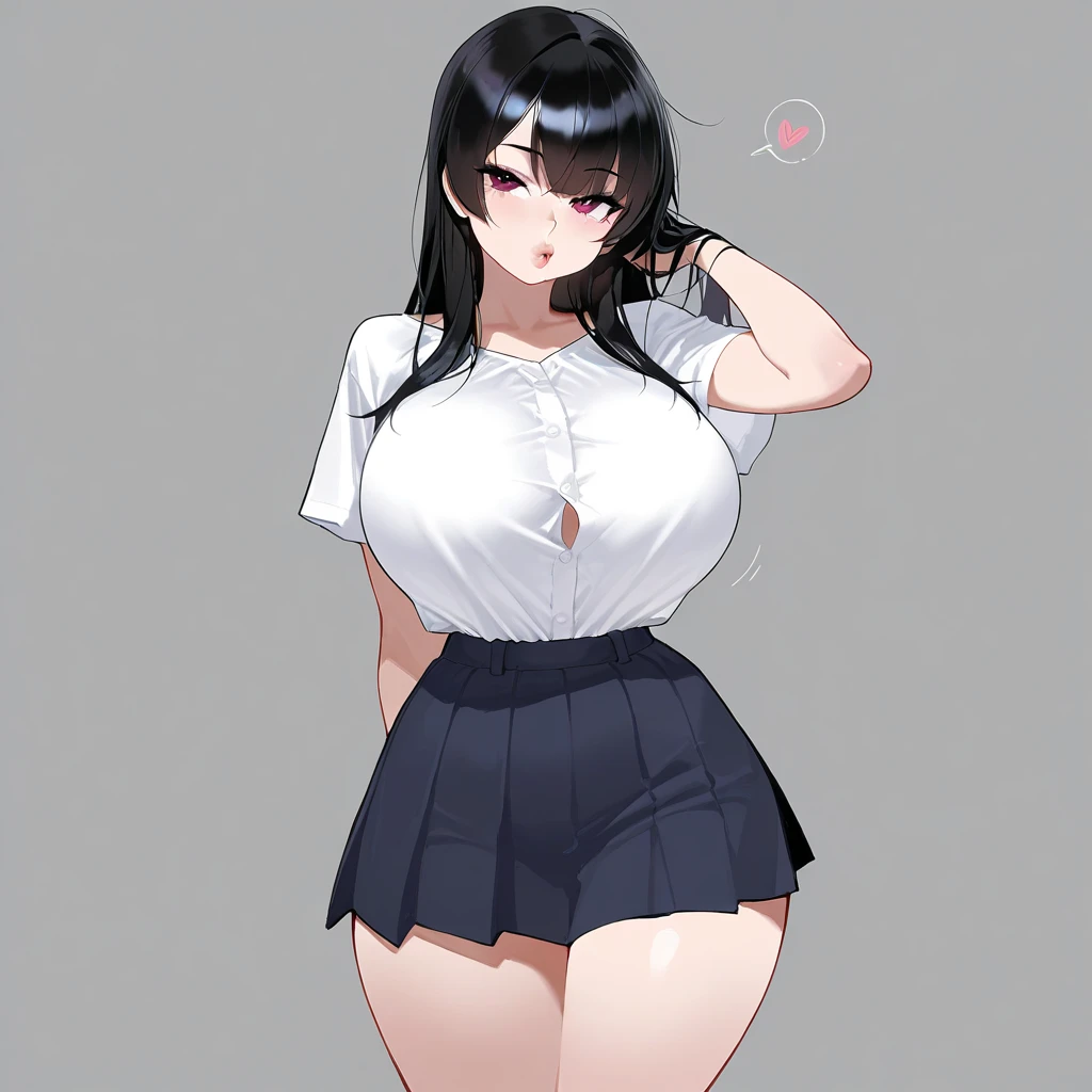 (best quality), (masterpiece), 1 girl, early 20's, huge heavy breasts, thick, thick lips, wide hips, thin waist, tented shirt, shirt in skirt, button up blouse