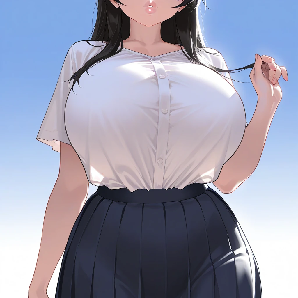 (best quality), (masterpiece), 1 girl, early 20's, huge heavy breasts, thick, thick lips, wide hips, thin waist, tented shirt, shirt in skirt, button up blouse