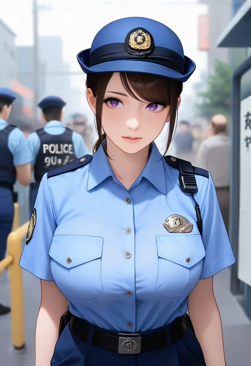 best quality,masterpiece,large breasts,purple eyes,dark brown hair,light blue shirt,blue pants,1girl,police hat,,breast pocket,swept bangs,mature