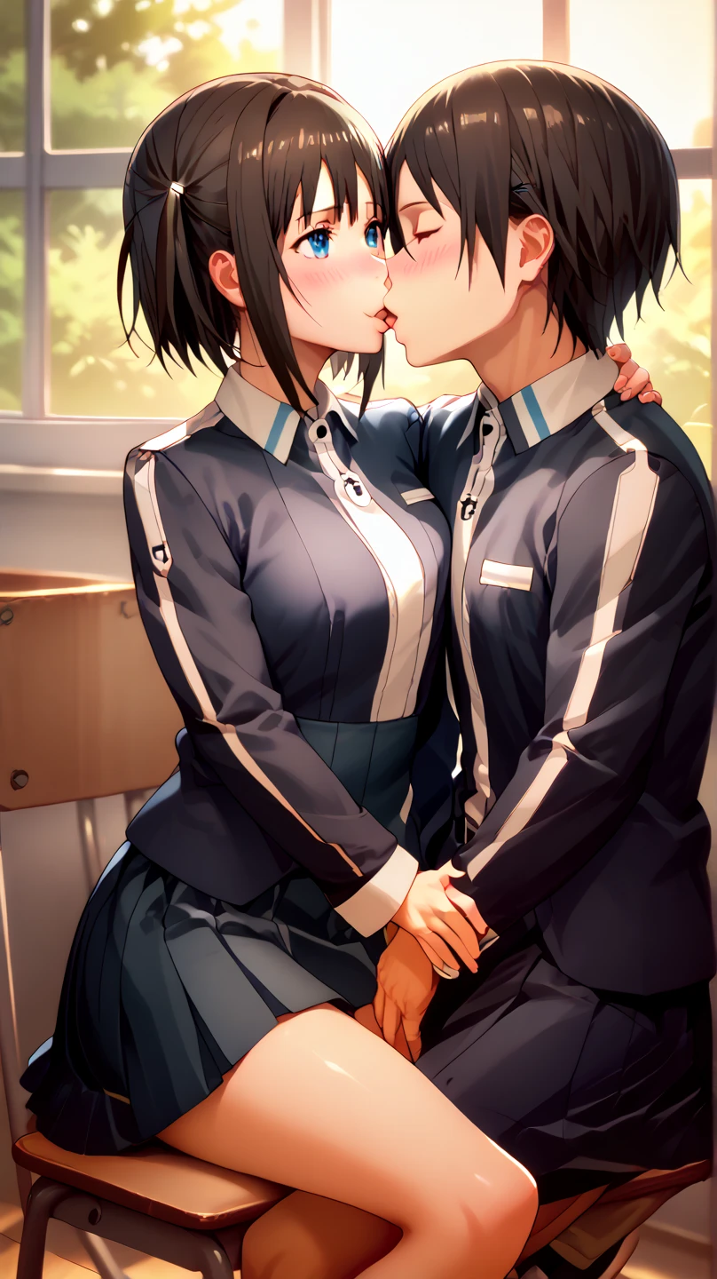  Ronie seducing Kirito by kissing her pussy,  Ronie's breasts against Kirito's arm , Kirito blushing .  classroom ,  Ronie sitting next to Kirito , romantic kiss