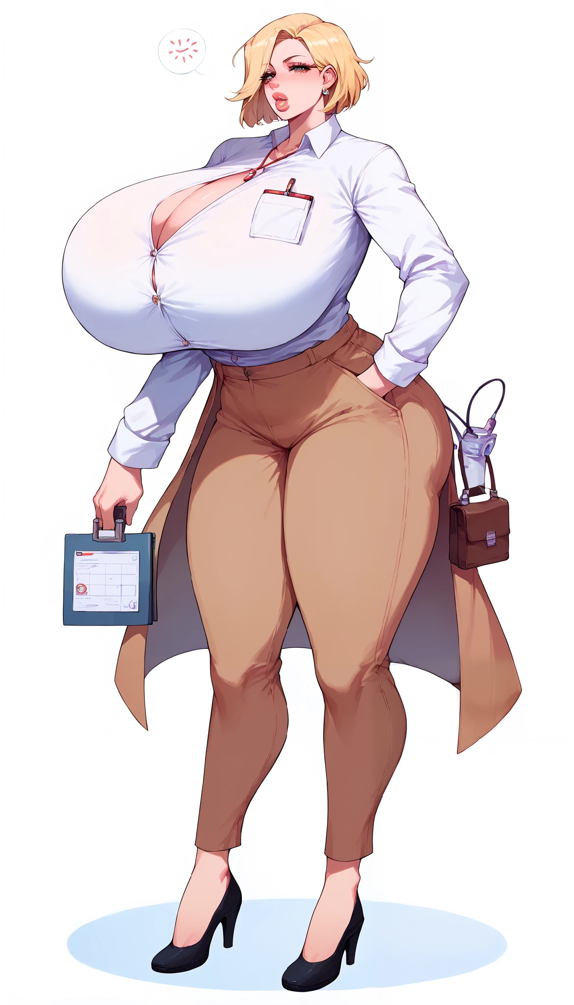 Full body image, white woman, pointy nose, skinny woman, big lips, plump lips, blonde bob cut, sleek hair, HyperSag, huge breasts, gigantic breasts, doctor outfit, fully clothed, brown corduroy pants, white t shirt