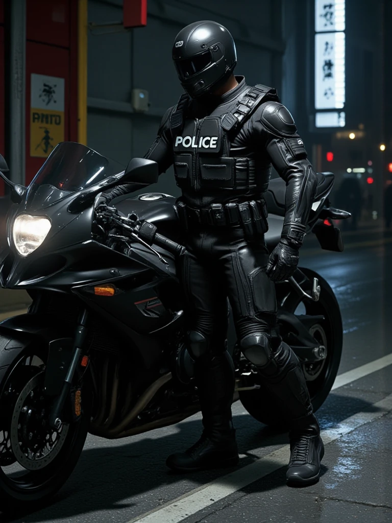 A full-body image of a muscular adult male dressed in police tactical gear, PTU-style, wearing a black leather full-body suit, mask, and tactical boots. The sleek leather outfit provides full coverage, exuding a dark and intense atmosphere. The scene is illuminated by low light, casting dramatic shadows that enhance the mysterious and powerful presence. He stands beside a heavy-duty police motorcycle, ready for action. The composition emphasizes his commanding stance and the tactical precision of his gear,Future City Technology,blending a sleek, futuristic aesthetic with a gritty, law enforcement vibe.Cyberpunk City Streets

