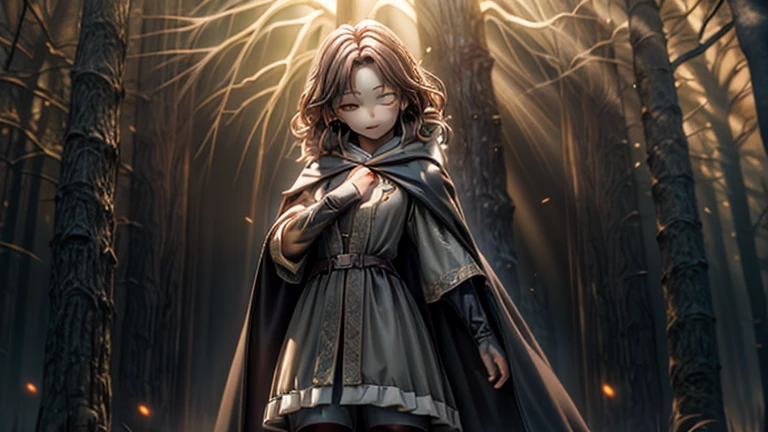 best quality, masterpiece, melina \(elden ring\),1 girl, solo, brown hair, curly hair, black cloak with hood,orange eyes,tunic,belt,boots,She has a knife, attacking the camera, a done expression, full of dynamism,full body, ashes and sparks in the air, (closed left eyes:1.2),(Scar on left eyes:1.2), 8k, high resolution, ultra detailed, professional digital painting, epic cinematic lighting, trending on artstation, 4k, hyperrealism, focused, extreme details, unreal engine 5, cinematic, masterpiece,There is a large golden glowing tree that seems to reach out into the universe, There are huge, golden trees that seem to stretch out into the universe, huge trees are huge horizontally and the size of swallowing stars,