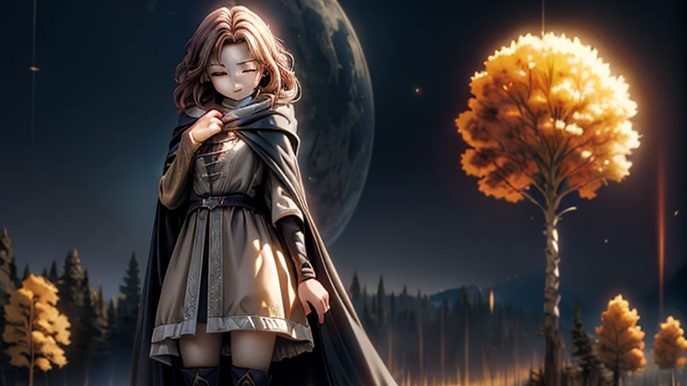 best quality, masterpiece, melina \(elden ring\),1 girl, solo, brown hair, curly hair, black cloak with hood,orange eyes,tunic,belt,boots,She has a knife, attacking the camera, a done expression, full of dynamism,full body, ashes and sparks in the air, (closed left eyes:1.2),(Scar on left eyes:1.2), 8k, high resolution, ultra detailed, professional digital painting, epic cinematic lighting, trending on artstation, 4k, hyperrealism, focused, extreme details, unreal engine 5, cinematic, masterpiece,There is a large golden glowing tree that seems to reach out into the universe, There are huge, golden trees that seem to stretch out into the universe, huge trees are huge horizontally and the size of swallowing stars,