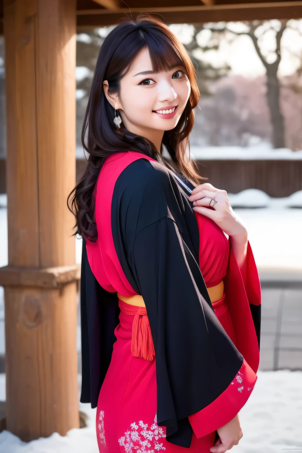 A breathtakingly beautiful 20-year-old woman with a slender physique, dressed in an elegant and luxurious black and red kimono suitable for the Japanese New Year. The background showcases a serene sunrise on New Year's Day, with a traditional Japanese shrine, snow-covered grounds, and vibrant red camellias in full bloom. The scene captures a harmonious blend of traditional beauty and the peaceful atmosphere of a snowy New Year's morning. smiles gently, FRIENDLY. smiles gently, FRIENDLY. ( RAW photos , top quality ), ( realistic, photo- realistic:1.4), masterpiece, extremely delicate and beautiful, extremely detailed, 2k wallpaper, amazing on the beach, detailed depiction , extremely detailed CG unity 8k wallpaper, Ultra Details, high res, Soft light, beautiful detailed girl looking back, extremely detailed eyes and face, beautiful detailed nose, beautiful detailed eyes, cinematic lighting, Perfect Anatomy, slender body.