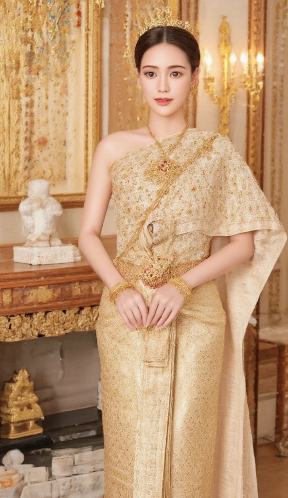 [Subject]: A woman wearing an authentic Thai traditional dress.
[Details]: The dress features a silk top with intricate patterns, paired with a draped shawl and a golden belt adorned with ornate designs. She is accessorized with gold jewelry, including earrings, a brooch, and bracelets, with her makeup highlighting her natural beauty.
[Environment / Background]: A luxurious indoor setting with traditional Thai architecture, featuring ornate golden carvings, decorative wooden panels, and elegant silk curtains. The room has a warm and regal ambiance, with subtle details like a golden pedestal or vase with lotus flowers.
[Lighting]: Soft, warm indoor lighting, with a golden hue highlighting the textures of her attire and jewelry, creating a royal and sophisticated feel.
[Style]: Ultra-realistic, focusing on intricate details and vibrant, rich colors.
[Mood / Atmosphere]: Majestic and timeless, evoking the elegance of Thai heritage.
[Camera Angle]: Close-up shot focusing on her face and upper torso, showcasing the exquisite details of her dress and jewelry. The angle slightly tilts upward to emphasize her graceful and dignified appearance.
[Quality & Resolution]: Ultra-high resolution, 8K quality, ensuring sharpness and realistic textures.
[Other Specifics]: The background should have a balance of richness and subtlety, ensuring the subject remains the focal point while the setting enhances the overall composition.