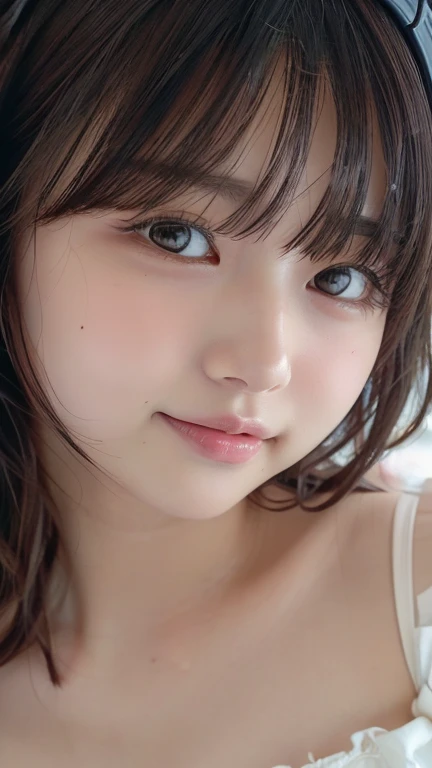 ((masterpiece,  top quality ,  high res)),  1 Japanese Girl , ( realistic: 1.4),  excited、 Amazing Face , glossy lips 、 short hair, Brown Hair、( beautiful hair:1.5),  topless、 beautiful legs、 on the bed、staring、 front angle, smooth,  Highly Detailed CG Composite 8K Wallpaper,  high resのRAWカラー写真, Professional photography, light, Backlight,  dreamy, Impressive,  written border depth, ( face close-up :1.5)、 small tits、mole、 selfie、 teardrop bags、 open her mouth 、Armpits、blush、 angel smile、 headband