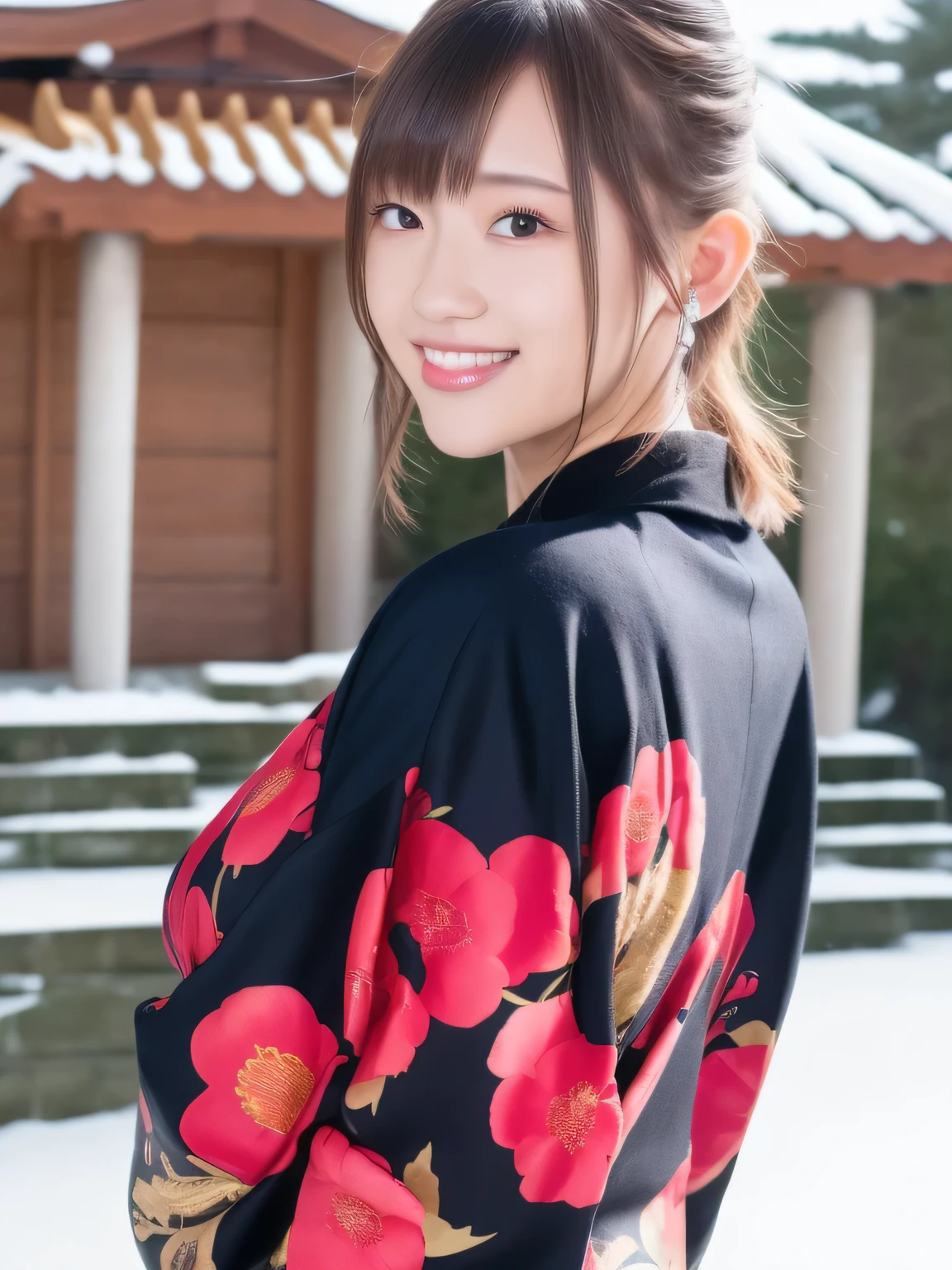 A breathtakingly beautiful 20-year-old woman with a slender physique, dressed in an elegant and luxurious black and red kimono suitable for the Japanese New Year. The background showcases a serene sunrise on New Year's Day, with a traditional Japanese shrine, snow-covered grounds, and vibrant red camellias in full bloom. The scene captures a harmonious blend of traditional beauty and the peaceful atmosphere of a snowy New Year's morning. smiles gently, FRIENDLY. smiles gently, ( RAW photos ,  top quality ), ( realistic, photo- realistic:1.4), masterpiece,  extremely delicate and beautiful,  extremely detailed, 2k wallpaper,  amazing on the beach,  detailed depiction ,  extremely detailed CG unity 8k wallpaper,  Ultra Details,  high res, Soft light,  beautiful detailed girl looking back,  extremely detailed eyes and face,  beautiful detailed nose,  beautiful detailed eyes, cinematic lighting, Perfect Anatomy, slender body.