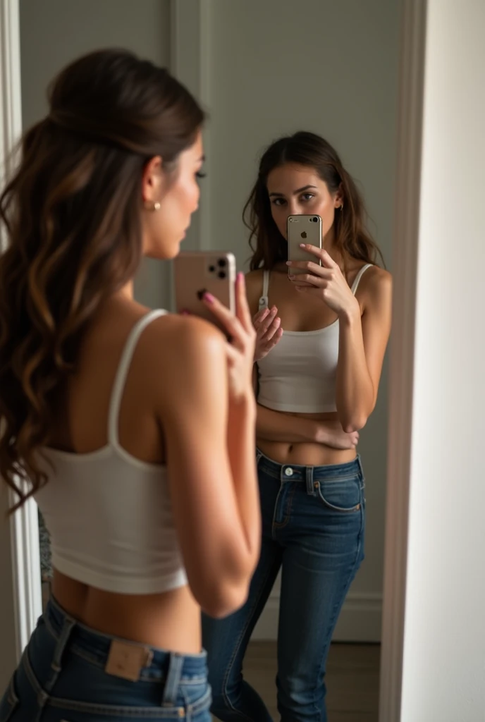 A person looking at their reflection in a mirror, with the reflection showing them performing an act of kindness.