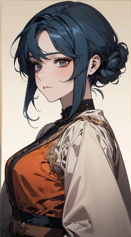 A painting of a woman with black-blue hair and an orange blouse, stunning anime face portrait, beautiful character painting, beautiful anime portrait, her image is rendered with red ink, presenting a stunning effect. The painting is very detailed, portraying female faces and clothes. Her face has a creamy dripping effect, which makes the whole face more vivid. She wears a beautiful detailed outfit with light gray hair. The proportions are accurate, and the female characters' costumes are traditionally dressed, showing a classic charm.