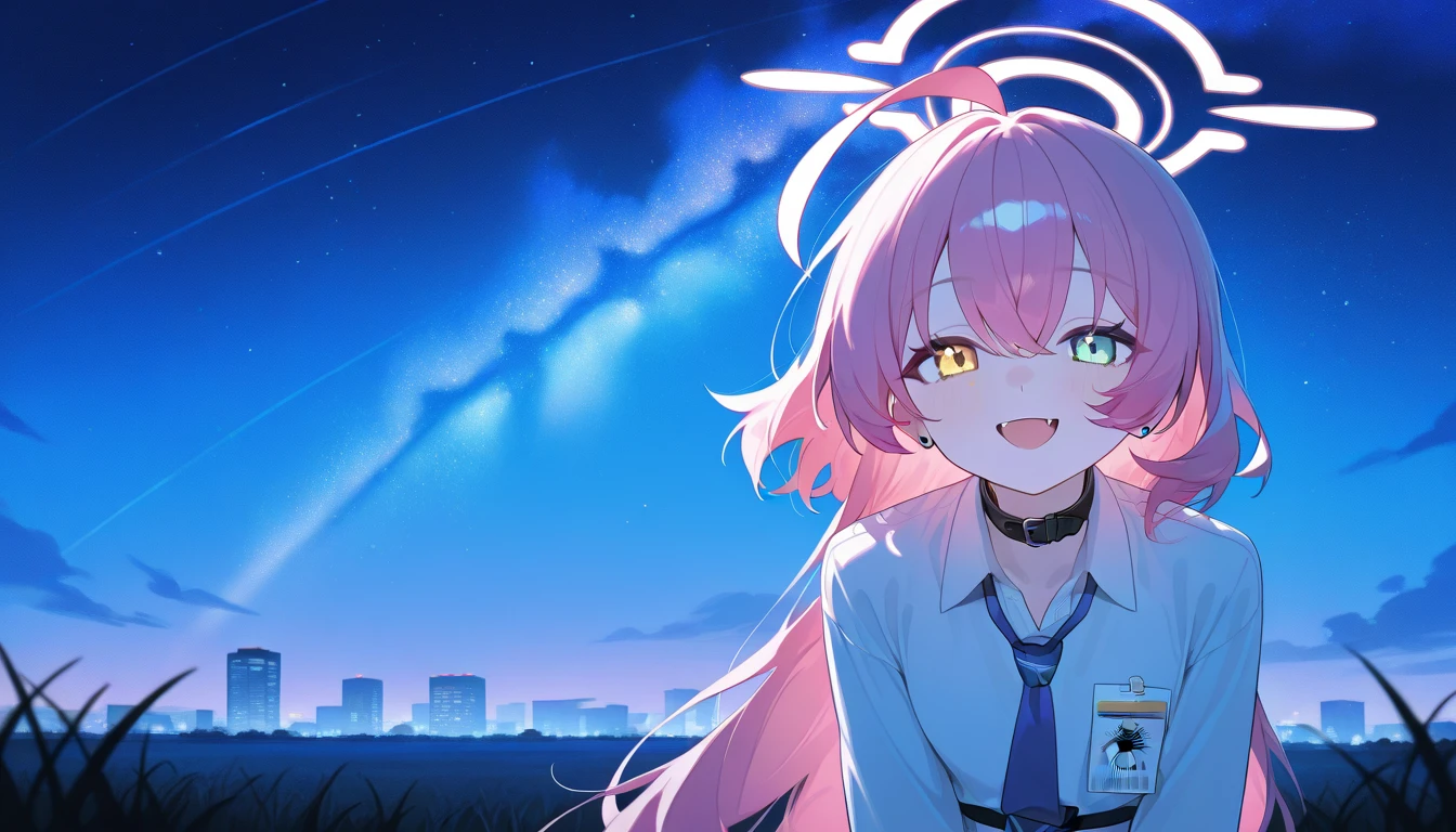 masterpiece, top quality, very aesthetic , very high resolution ,1 woman,Hoshino_\( blue _ storage \),Pink_hair,Alone,Heterochromia,White_shirt,long_hair, blue _eye,canine, blue _tie,Ahogeo,yellow_eye,Looking _~to_viewer,collar_shirt,outdoors,hair_  quality _eye,smile,The top _body,_card, open _mouth,Pink_halo,building,lucid_sky,Shoulder_Looking for a strap ,night,field,park,Sit down,star of sky,looking at the stars in the night sky,stars in the night sky,long hair