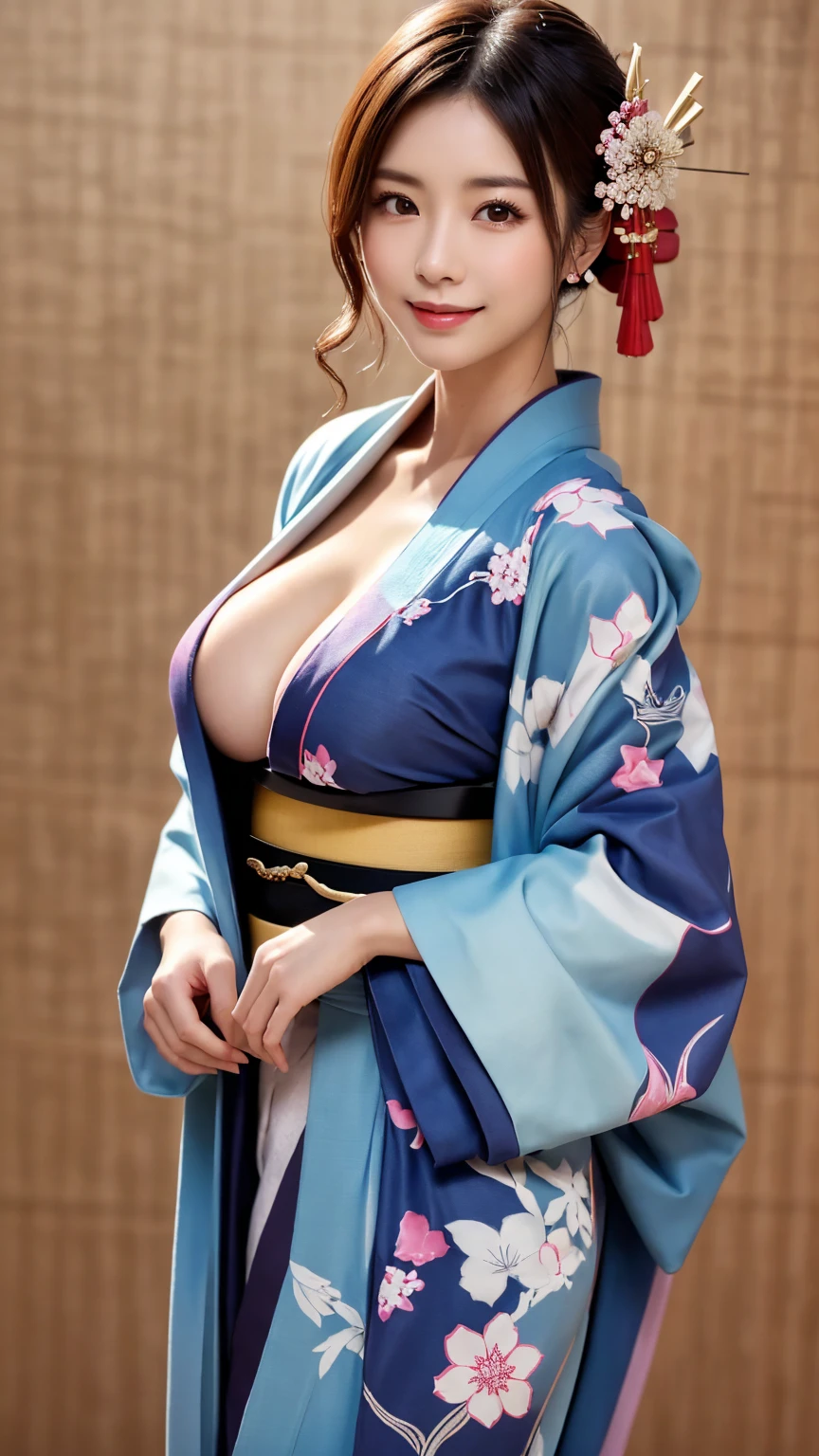 (kimono : 1.5), (new year background : 1.5), young and adorable Japanese face, Official Art, high definition CG Unity 8k wallpaper,Ultra high definition ,Very detailed, half photos with Brazil, high definition , Kodak Portrait 400, film grain , lens flare glow, best quality,8k, as a portrait shot,8k, Show viewer, (( best quality)), ( super detailed), smile, (( sexy)), (( Very detailedな)), (detailed clothing features), (beautiful), Illustration, beautiful Japanese woman, ((1 female)), (Bold Cleavage : 1.3)