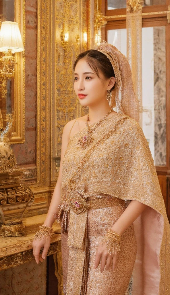 [Subject]: A woman wearing an authentic Thai traditional dress.
[Details]: The dress features a silk top with intricate patterns, paired with a draped shawl and a golden belt adorned with ornate designs. She is accessorized with gold jewelry, including earrings, a brooch, and bracelets, with her makeup highlighting her natural beauty.
[Environment / Background]: A luxurious indoor setting with traditional Thai architecture, featuring ornate golden carvings, decorative wooden panels, and elegant silk curtains. The room has a warm and regal ambiance, with subtle details like a golden pedestal or vase with lotus flowers.
[Lighting]: Soft, warm indoor lighting, with a golden hue highlighting the textures of her attire and jewelry, creating a royal and sophisticated feel.
[Style]: Ultra-realistic, focusing on intricate details and vibrant, rich colors.
[Mood / Atmosphere]: Majestic and timeless, evoking the elegance of Thai heritage.
[Camera Angle]: Close-up shot focusing on her face and upper torso, showcasing the exquisite details of her dress and jewelry. The angle slightly tilts upward to emphasize her graceful and dignified appearance.
[Quality & Resolution]: Ultra-high resolution, 8K quality, ensuring sharpness and realistic textures.
[Other Specifics]: The background should have a balance of richness and subtlety, ensuring the subject remains the focal point while the setting enhances the overall composition.