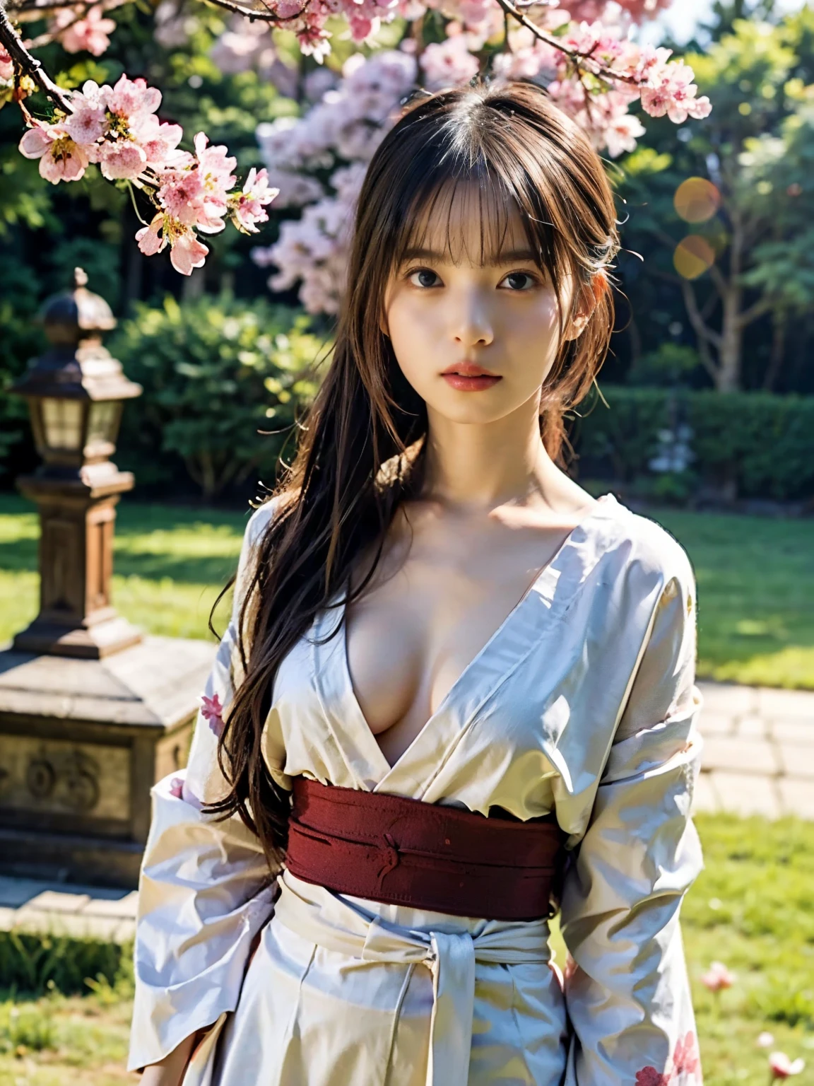 A mature Korean women stand in a flowers garden, (best quality, ultra-detailed, hyper-realistic:1.37), solo angel, big breast, puffed chest, ample cleavage, normal anatomies, plump body, kimono lace transparant, (veil made from jasmine flower, adorable face), ponytail hairstyle, black silky hair, portrait, soft color tone, spread arms, full of flowers garden, sun-tanned lighting, coboy shots, under angle shots