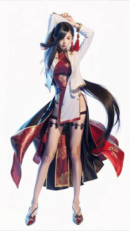 Shenhua , makeup, jacket, chinese clothes, red long china dress, thigh strap, earrings, black hair, 1girl, Alone, facing viewer, looking at viewer, full body, gulkha sword  on both hands