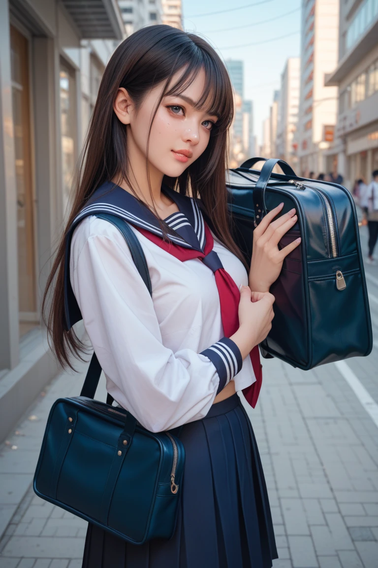 highest quality, masterpiece, Super detailed, ultra high resolution, realistic, RAW photo, absolute resolution (highest quality),(very detailed), blonde hair, sailor suit,17 y.o, Navy blue sailor suit, High school girl wearing sailor suit, dark blue skirt, small breasts, (school scenery),, during the day, straight hair, long hair, Detailed view of the face, standing, outdoor, wearing school backpack, (backpack:1.1)