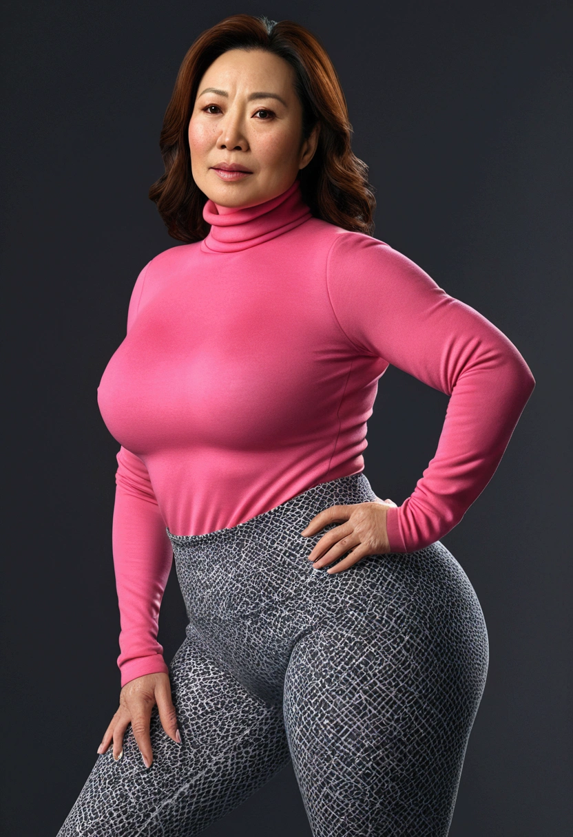 (realistic,best quality,4k,8k,highres,masterpiece:1.2),ultra-detailed,(realistic,photorealistic,photo-realistic:1.37),  huge madame over 46 years old, plump figure, strong, turtleneck, (dressed in Leggings), she has acne on her face,  huge hips, thick thighs, Ming-Na Wen