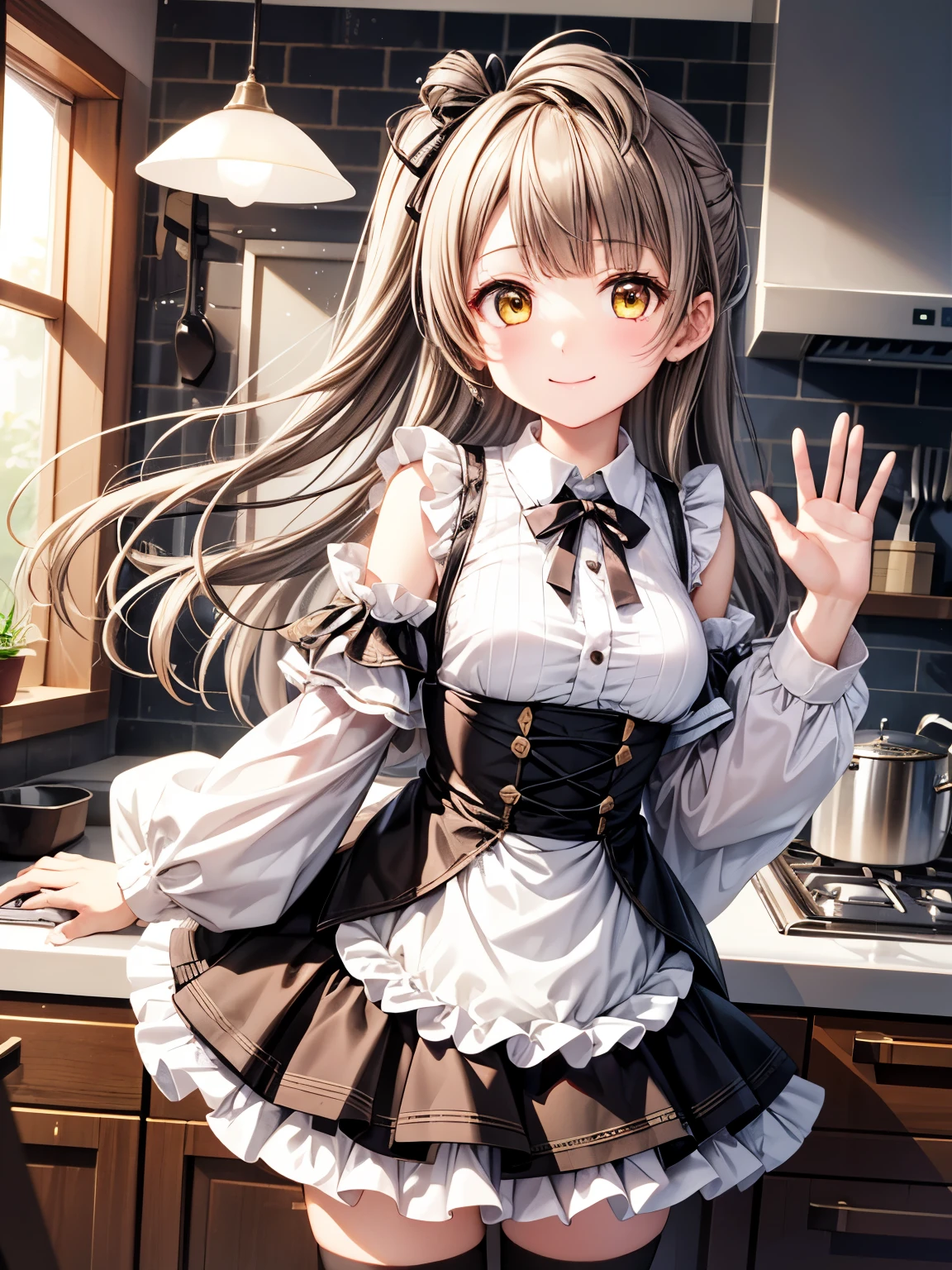 resolution、 top quality 、 super high quality 、 One Girl 、solo、Minami Kotori、 closed mouth、 shot from the front 、Standing、smile、(アニメイラストwind:1.10)、 long hair、Beautiful yellow eyes、 brown hair 、 bright eyes、 brown beautiful hair、indoor、 kitchen、Goth Style、 gothic lolita clothes、かわいい skirt 、 skirt 、白い skirt 、Absolute Standard to the Center 、 waving、wind