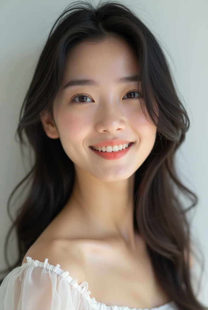 highest quality, masterpiece, Ultra-high resolution, realistic:1.3, solo, white background:1.3, arms behind back, ((cowboy shot)), from above, bikini, ((Clear Face)), looking at viewer, age 25, (flat chests:1.3), smile