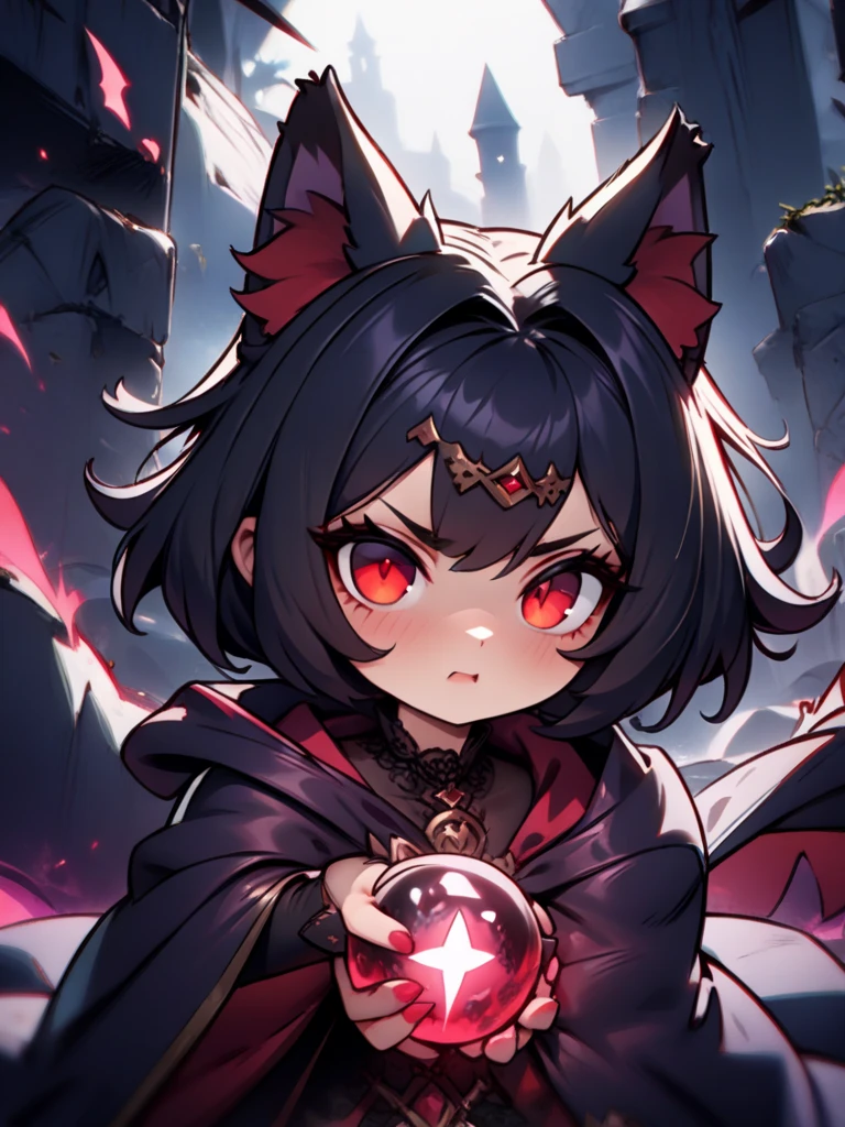 A gothic cat-eared witch with deep red eyes and a black lace gown stands in the ruins of an ancient cathedral. Her cat ears are adorned with glowing runes, and she holds a staff with a crystal orb, radiating dark energy. In the background, cat spirits move through the shadows.