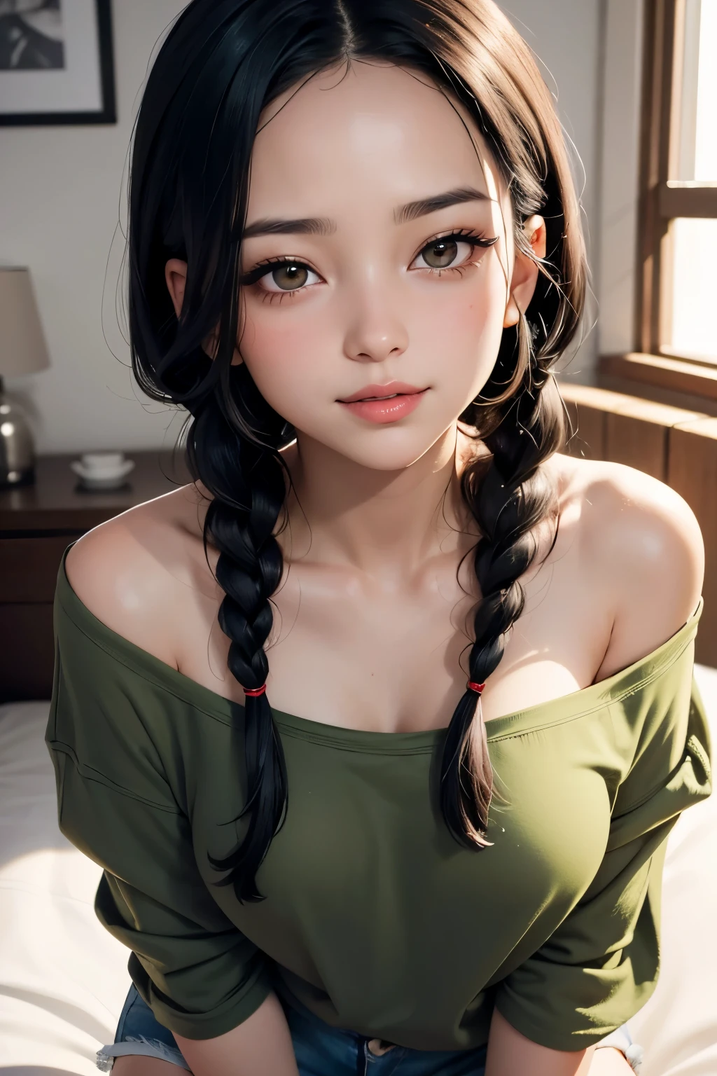 Amazing portrait of a sexy woman with her black hair in a single braid having a long forehead with seductive eyes and her lips parted smiling with the deepest blush wearing an off shoulder olive green t shirt and blue short shorts lying on the bed being very seductive and aroused