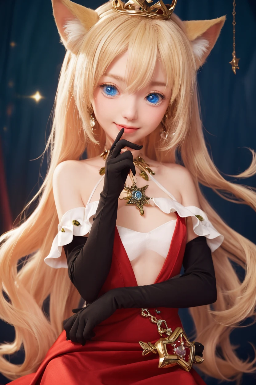 (masterpiece, best quality:1.2), solo, 1girl, kiss-shot, smile, looking at viewer, hand on own face, red dress, white gloves, elbow gloves, bare shoulders, cleavage <lora:bakemonogatari_kissshot:1.0>