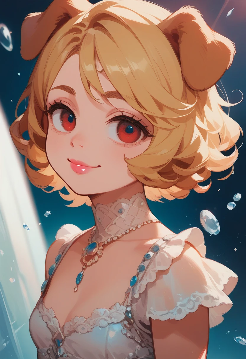  One Girl ,Droopy eyes,  top quality ,  jewelry, perfect face,  perfect eyes,  pink lips,  small breasts,  medium cut hair full of fresh cream , curly hair , Blonde,red eyes,Dog Ears、Ski,smile,official art,snapshot,