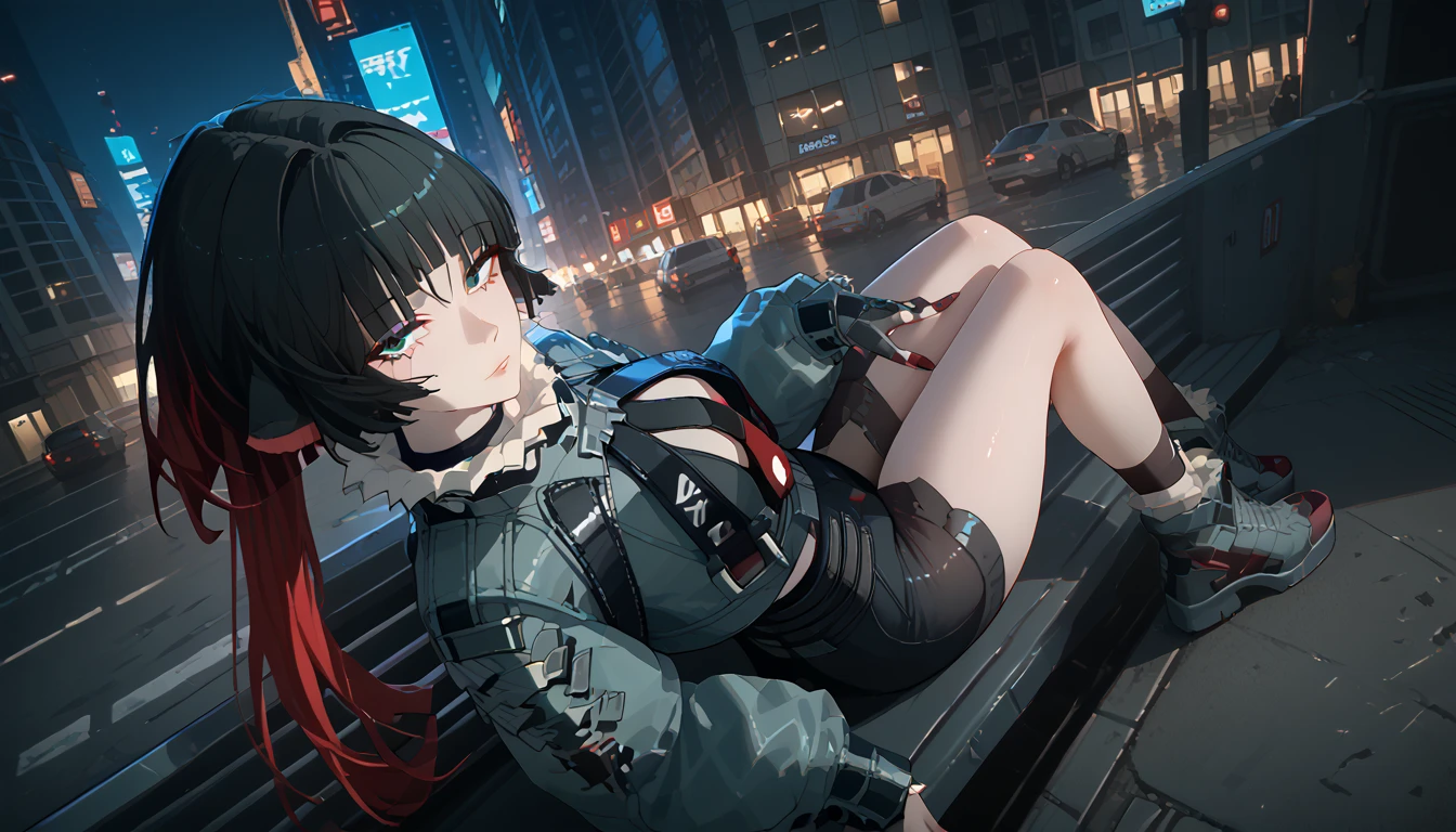 yanedoe- zzz, aqua eyes, long hair , black hair,  red hair ,  Animal ears,  looks at the viewer,  full length,  the body is completely 1.1.,  correct anatomy 1 .1., very sexy,  sexy position , Above the building, I look at the city,  facing the viewer , night city, cyberpunk street,