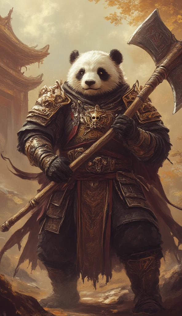 A majestic panda warrior wearing ancient Chinese battle armor, holding a halberd, standing near a temple.