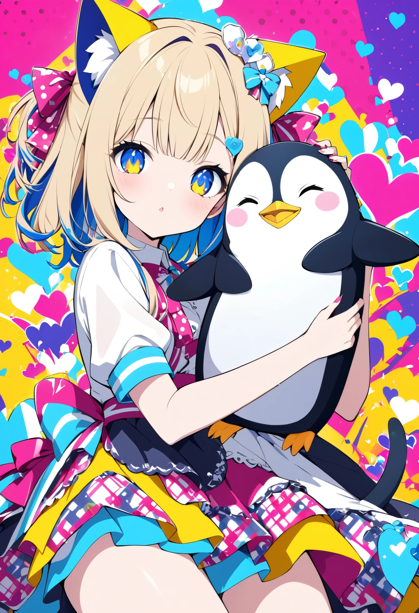 pop art, vivid passion color style, AIU mix, a cat-eared girl, solo, holding a penguin stuffed toy, a strange look, she has a crush on you.