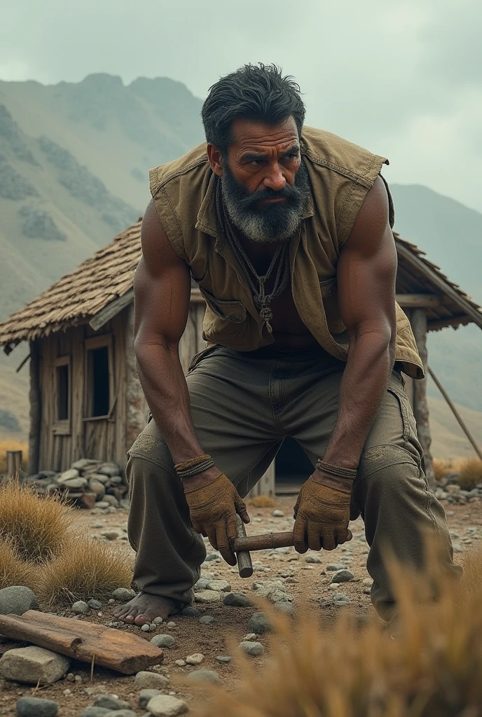 An Indian man working hard in granite mines