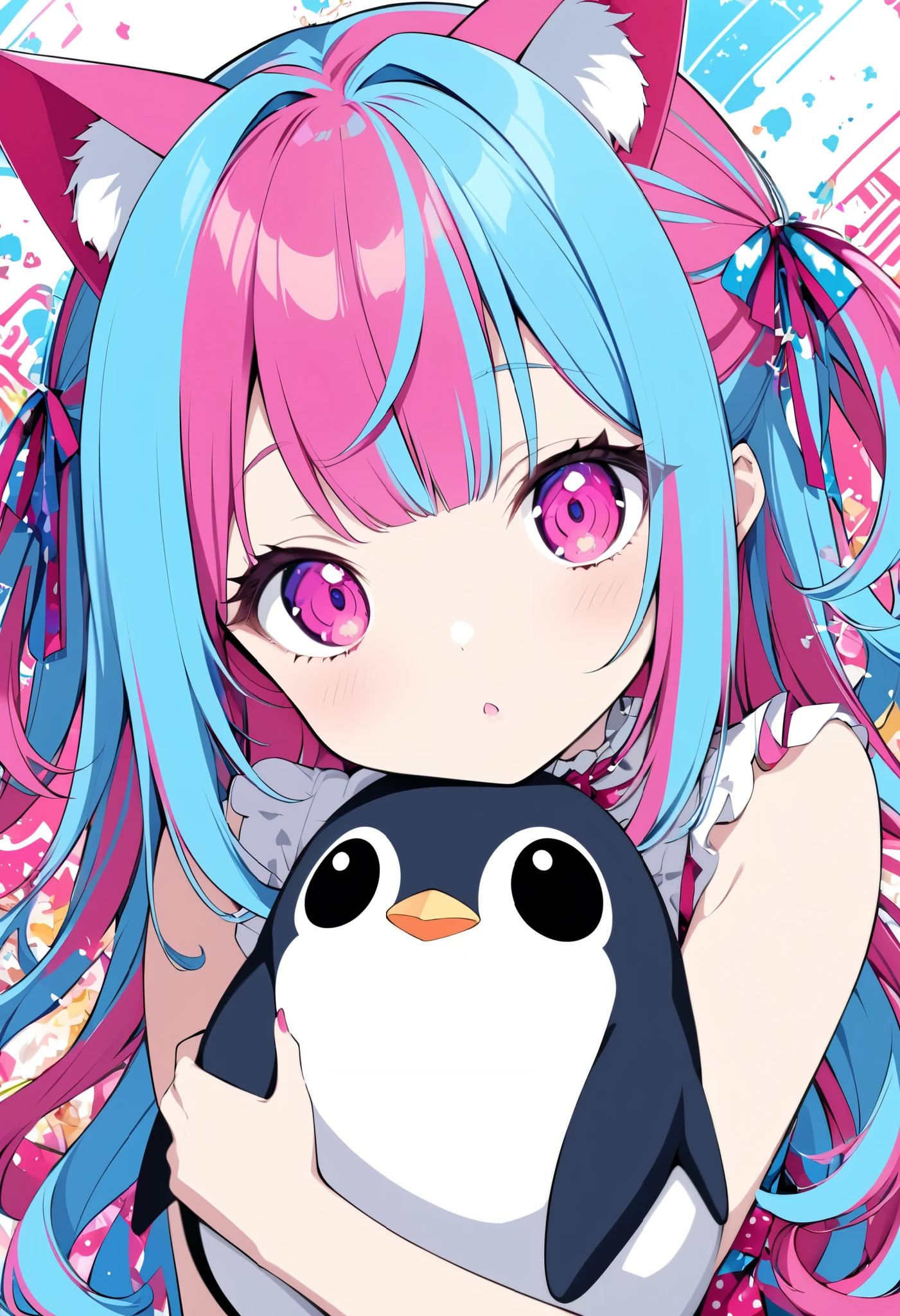 pop art, vivid passion color style, AIU mix, a cat-eared girl, solo, holding a penguin stuffed toy, a strange look, she has a crush on you.