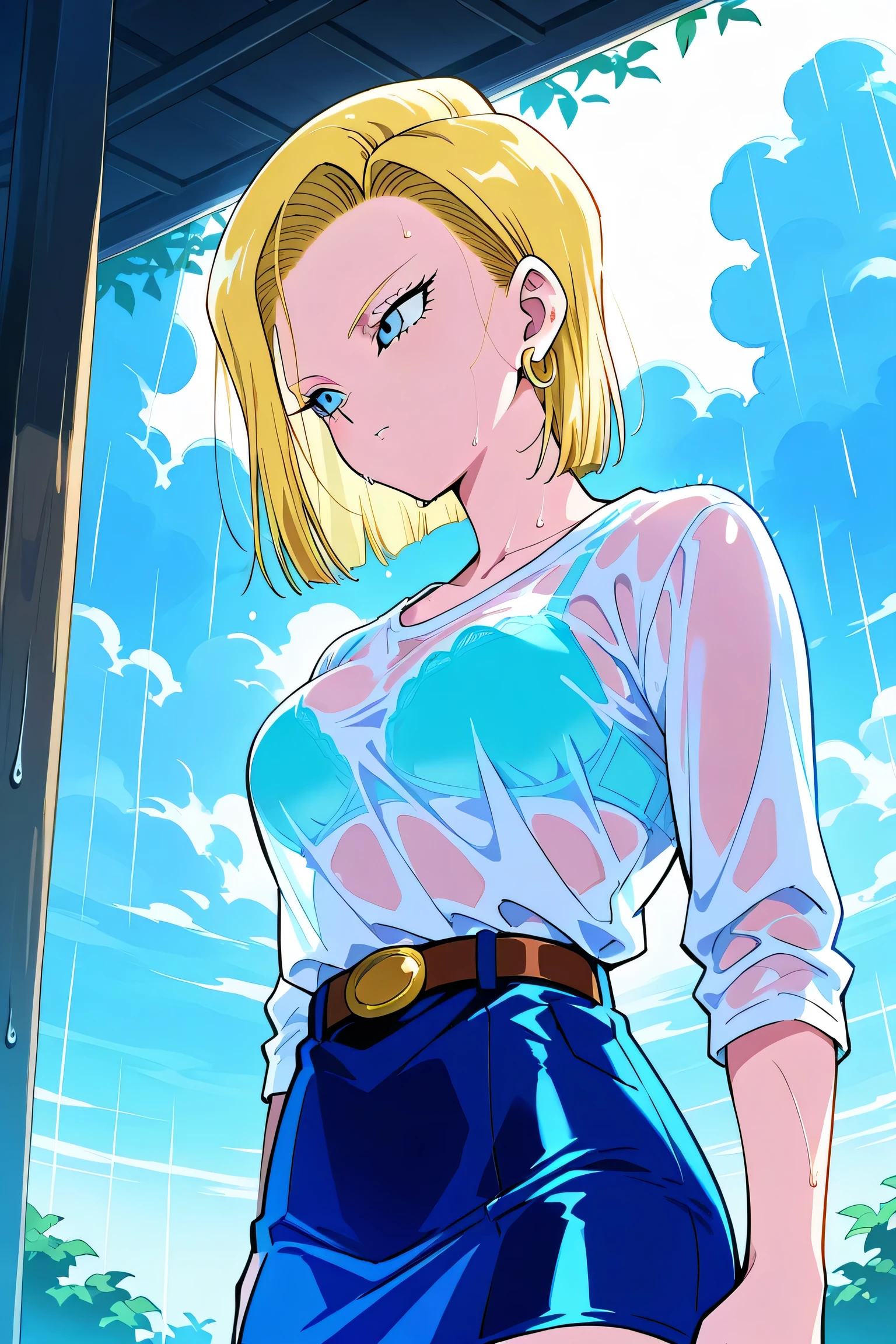 score_9, score_8_up, score_7_up, source_anime,  android 18, blonde hair, blue eyes, eyelashes, hoop earrings, short hair, earrings, , bra visible through clothes, wet shirt, wet clothes, see-through, see-through shirt, bra, bralines, wet, white shirt, bra peek, wet skirt,, outdoors, rain, cloudy, , cowboy shot, dutch angle