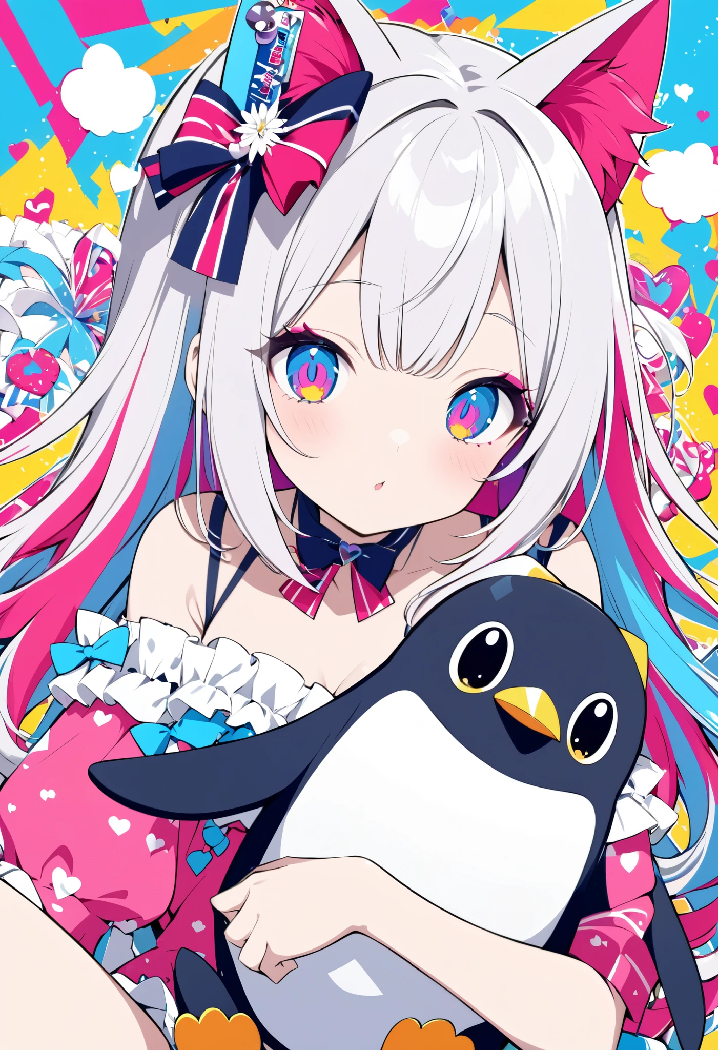 pop art, vivid passion color style, AIU mix, a cat-eared girl, solo, holding a penguin stuffed toy, a strange look, she has a crush on you.