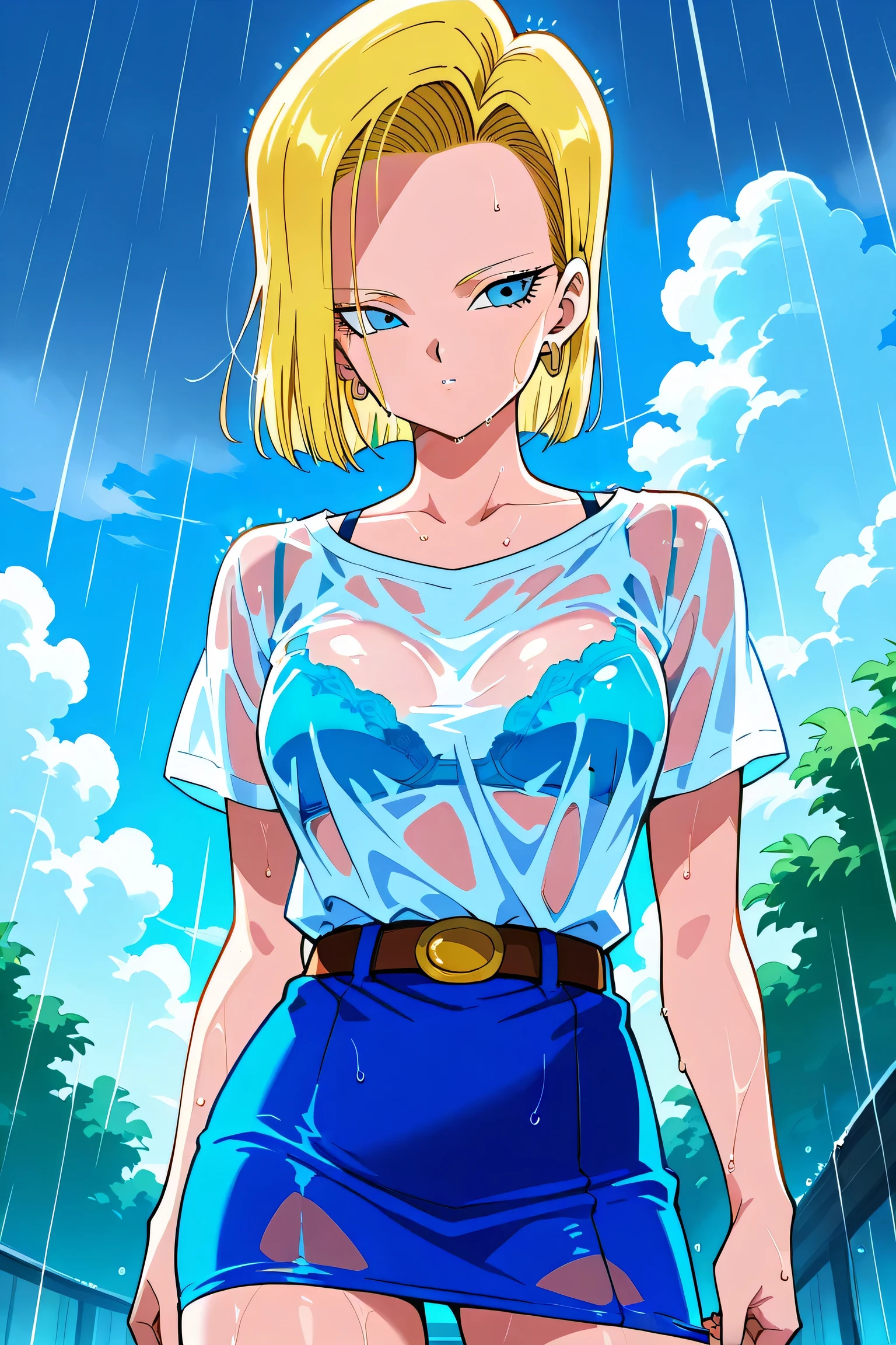 score_9, score_8_up, score_7_up, source_anime,  android 18, blonde hair, blue eyes, eyelashes, hoop earrings, short hair, earrings, , bra visible through clothes, wet shirt, wet clothes, see-through, see-through shirt, bra, bralines, wet, white shirt, bra peek, wet skirt,, outdoors, rain, cloudy, , cowboy shot, dutch angle