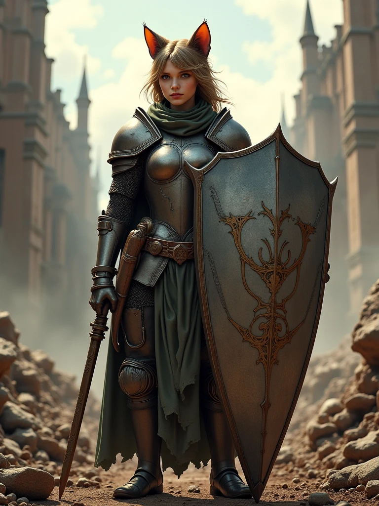 A cat-eared girl in a medieval battlefield, dressed as a knight, holding a large shield with cat emblems. Smoke and ruins around her.