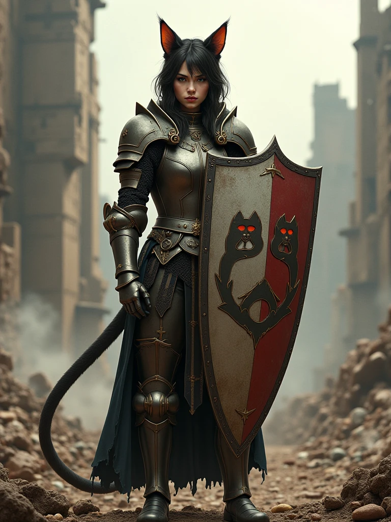 A cat-eared girl in a medieval battlefield, dressed as a knight, holding a large shield with cat emblems. Smoke and ruins around her.