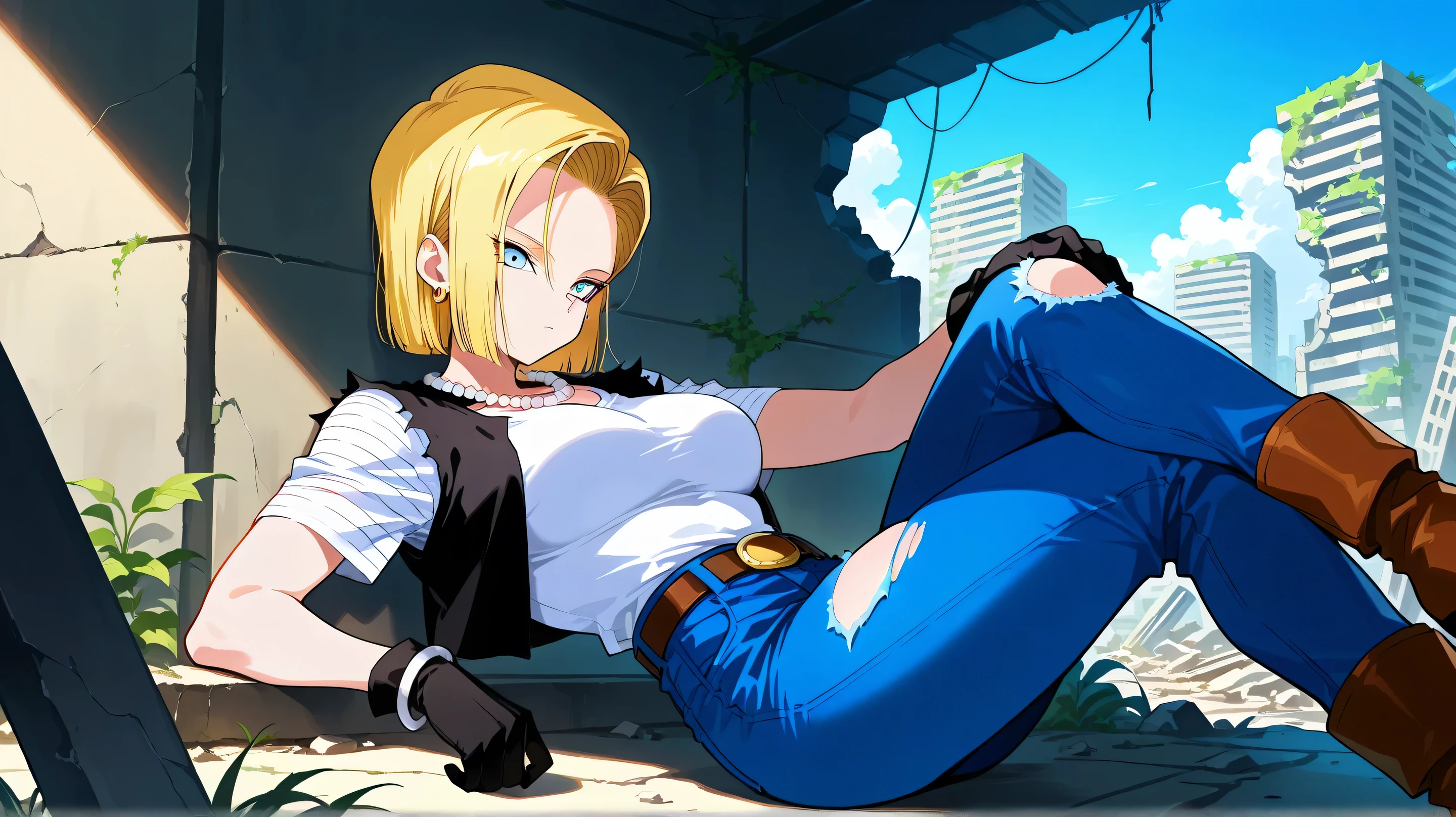 best quality, highres, and18, 1girl, android 18, solo, blonde hair, blue eyes, belt, jeans, pearl_necklace, bracelet, black gloves, white shirt, short hair, short sleeves, earrings, blue pants, open vest, black vest, large breasts, (ruins:1.3), (torn clothes:1.5), sitting, expressionless, crossed legs,